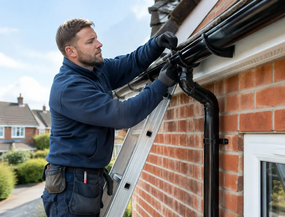 Roofer working on guttering beside a brick house