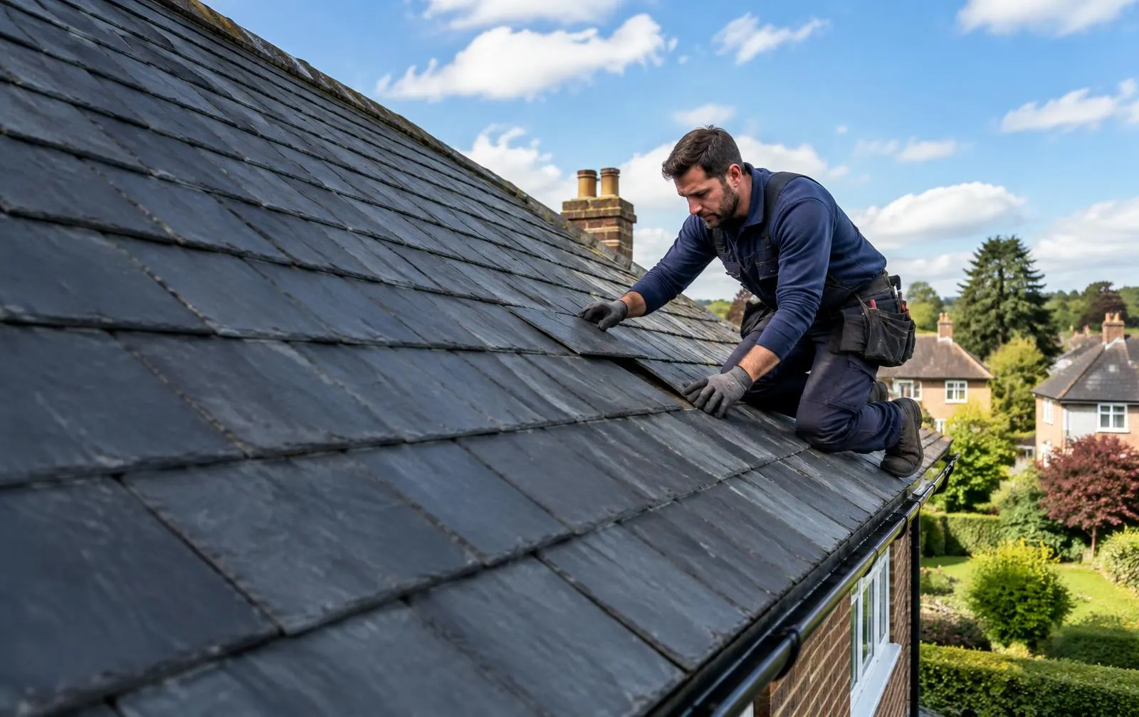 Roofer working on a slate roof on a local home